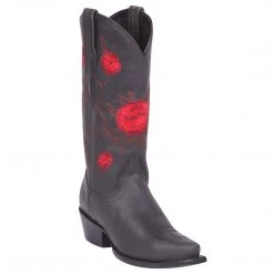WOMENS El General Red Rose Black Snip Toe Cowgirl Boots