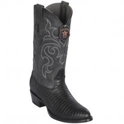 Los Altos Boots Los Altos Lizard Teju R-Toe Greasy Finish Black Cowboy Boots