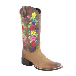 Caborca - Women's American Tan Flowered Square Toe Boots WOMENS