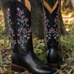 WOMENS Abolengo Flowered Square Toe Black Cowgirl Boots 🌼