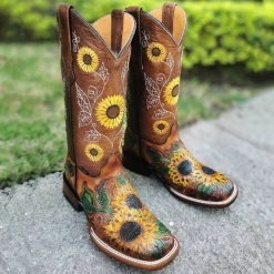 Abolengo Hand Tooled Sunflower Square Toe Cowgirl Boots 🌼