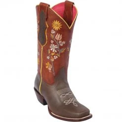 Quincy Boots WOMENS Quincy Flowered Square Toe Cowgirl Boots - Brown