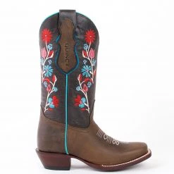 Quincy Boots WOMENS Quincy Flowered Square Toe Cowgirl Boots - Chocolate