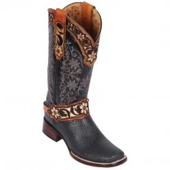 Quincy Boots Quincy Python Print Square Toe Cowgirl Boots - Black