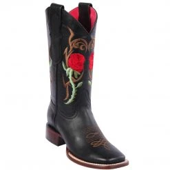 Quincy Boots Quincy Red Rose Black Cowgirl Square Toe Boots WOMENS