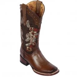 Quincy Boots WOMENS Quincy Flowered Cognac Square Toe Cowgirl Boots