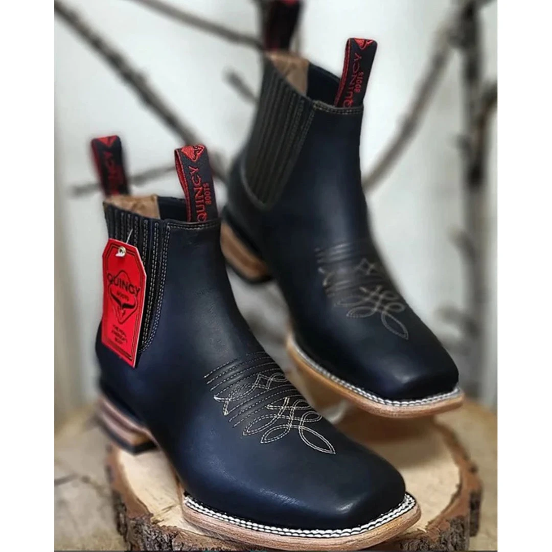 Quincy Boots MENS Quincy Men's Crazy Horse Square Toe Charro Boots - Black Quincy Boots MENS Quincy Men's Crazy Horse Square Toe Charro Boots - Black