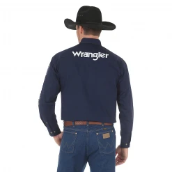 MENS Wrangler Men's Logo Long Sleeve Solid Shirt - Navy Blue