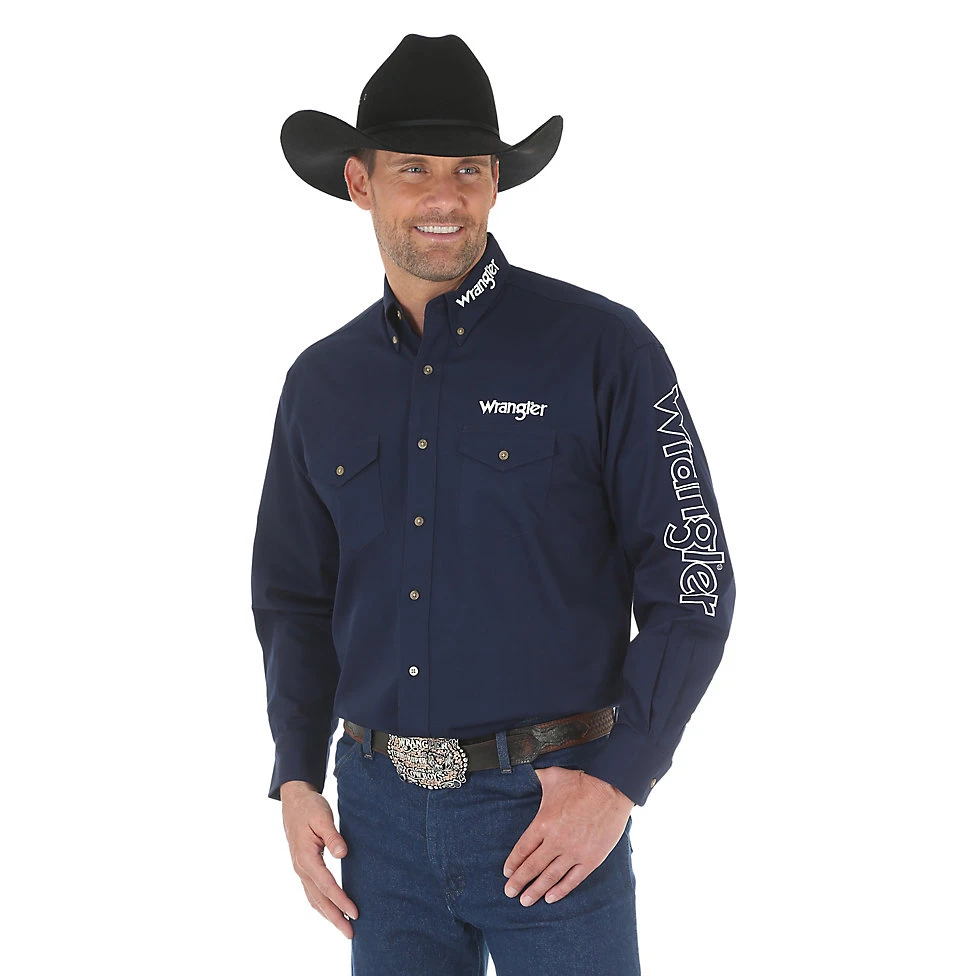 MENS Wrangler Men's Logo Long Sleeve Solid Shirt - Navy Blue MENS Wrangler Men's Logo Long Sleeve Solid Shirt - Navy Blue